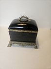 Vintage Black Ceramic Urn Vase Gilt Metal Stand Mcm Hollywood Regency Decor 