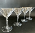 Cocktail Coup Glasses Set 4 Vintage Etched  1950s Mid Century Martini Glasses