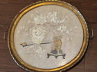 Vintage Antique Framed Asian Embroidery W  Foo Dog Statue   Vase Of Flowers