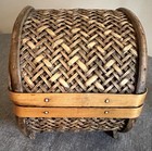 Vintage Medium Size Wooden  Rattan Treasure Chest Misc Box With Hook Latch