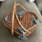 Vintage Wicker Rattan Heart Shaped Picnic Sewing Basket Floral Lined