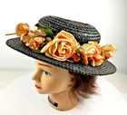Vintage New York Creations Black Straw Boater Hat Peach Roses Floral
