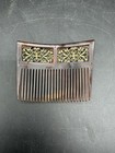 Antique Edwardian Faux Tortoiseshell Hair Comb Brass Filigree Green Rhinestones