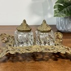 Antique Ornate Brass Double Inkwell Stand With Two Glass Ink Pots Victorian Era