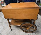 Vintage Drop Leaf Tea Cart Bar Cart Glass Tray Wagon Wheels Drawer