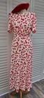 Vintage 1930s 1940s Ww2 Style Ivory Red Floral Midi Tea Dress Size 12 To 14