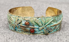 Elaine Coyne Signed Verdigris Patina Brass Dragonfly   Feather Cuff Bracelet  7 