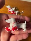 4 Mini Dachshund Ornaments Glitter Christmas Scarf White Weiner Dog Home Decor
