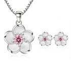 925 Sterling Silver Purple Pink Crystal Flower Necklace Earrings Jewelry Set