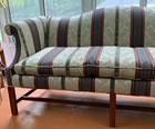 Camelback Sofa chippendale Legs- Ivory With Burgundy blue green Stripes