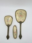 Vintage Petit Point Floral Vanity Set Mirror Brush Gold Tone 3 Pc