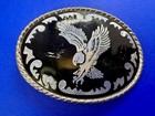 American Eagle Spreading Wings Etched Black   Silver Color Belt Buckle- W