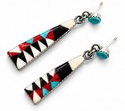 Vintage Zuni Sterling Silver Inlay Dangle Earrings Turquoise Coral Jet Mop 1980s