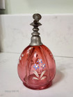 Antique Cranberry Glass Enameled Floral Perfume Bottle 