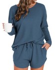Womens Waffle Knit Pajama Sets Long Sleeve Top And Shorts Loungewear Sweatsuit