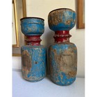 2 Antique Wooden Candle Holder Stand Original Old Hand Carved Vintage Primitive
