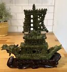 Vintage Chinese 100  Natural Jade Green Hand-carved Dragon Ship Sculpture