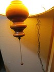 Vintage Hanging Swag Lamp Wooden Base Pull String Fabric Shade 19 x10 75 