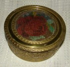 Antique Powder Jar Embroidered Rose Metal Brass Tone Pattern Trinket Box Dresser