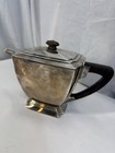Vintage Art Deco Silver Plated Teapot Geometric Wood Handle Footed Base 