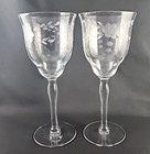 Vintage Clear Crystal Paneled Floral Etched Cordial Wine Glasses Set Of 2