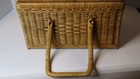 Vintage Boho Woven Wicker Brown Tan Picnic Rectangular Basket W handles 12x10x8
