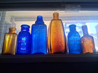Lot Of 10 Antique Colored Embossed Medicine Bottles  Blue   Amber  Emerson Drug 
