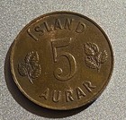1960 Iceland 5 Aurar Coin  Circulated  Uncertified  Very Good Condition