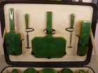 Antique Train Case Vanity Set Sterling Silver Over Copper   Green Guilloche