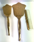 Vintage Vanity Mirror Brush Comb Set 24k Gold Plated Ornate Gemlite Made In Usa