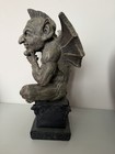 Fantasy Gargoyle Statue Figurine  Gray Winged Monster Figure On Pedestal Base