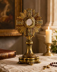 Resin And Brass Ornate Embossed Adoration Cross Rays Monstrance Reliquary 12 In