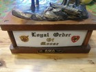 Loyal Order Of Moose Large Whiskey Decanter In Wood Stand Missing Ears