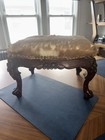 Vintage Carved Mahogany Deer Hair Upholstered Foot Stool W  Nail Heads