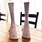 Vtg Mcm Vases Pair Light Pink Triangular Applied Flowers Gold Gilded Trim 9 5    