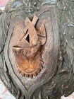 Antique Oak Carved Bat   Woof Black Forest Shield Wall Plaque   Hunter Bag Centr