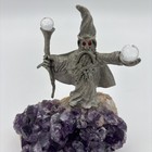 Pewter Wizard Figurine On Amethyst Crystal Cluster Fantasy Sorcerer Statue
