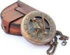Vintage Maritime Pocket Nautical Sundial Brass Compass With Antique Leather Case