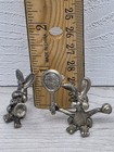 Lot Of 2 Vintage Miniature Pewter Bunny Rabbit Figurine Playing Tennis Trumpet 