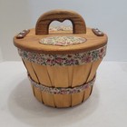 Vintage Wooden Heart Lidded Lined Sewing Picnic Basket Floral Leather Hinges 