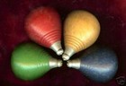 Vintage 1940s Am Inc Wood Spinning Tops - Set Of 4 Colorful W  Silver Tips - Nos
