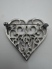 Vintage Silver Tone Filigree Heart Brooch Pin     Ornate Openwork Scroll Design