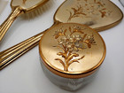 Vtg  4 Piece Vanity Dresser Set  Mirror  Brush  Comb And Powder Jar