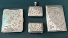 Fabulous 835 Silver 4 Piece Etched Cigarette Case Compact Perfume Pill Box Set