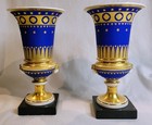 Antique Pair Old Paris Porcelain Empire Campana Urns Cobalt Gold Marble Base 8 