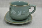 Green Celadon Tea Cup   Saucer Set Hand-painted Cranes Gold Rim  porcelain Korean
