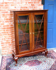 English Antique Queen Anne Mahogany Glass Doors Bookcase   Display Cabinet