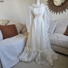 Emma Domb Vintage 70s Ivory Organza Wedding Bridal Gown Prairie Pink Sash Xxs xs