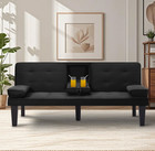 65  Linen Futon Sofa Bed With Cup Holders  Adjustable Backrest  Light Grey