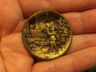 Vintage Horn Player Near Row Boat Picture Button Story Metal Brass Gold Tone